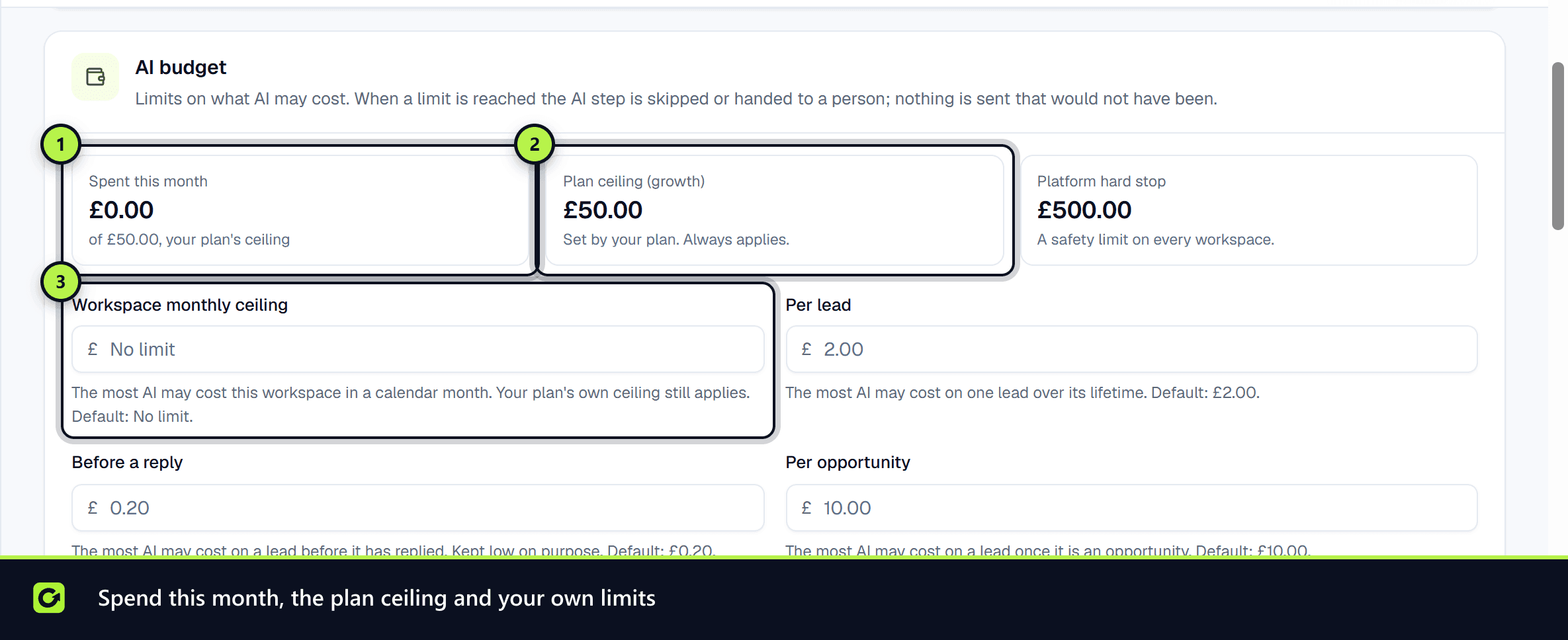 The AI credits card with credits used this month, the included allowance, the top-up balance and the workspace limits