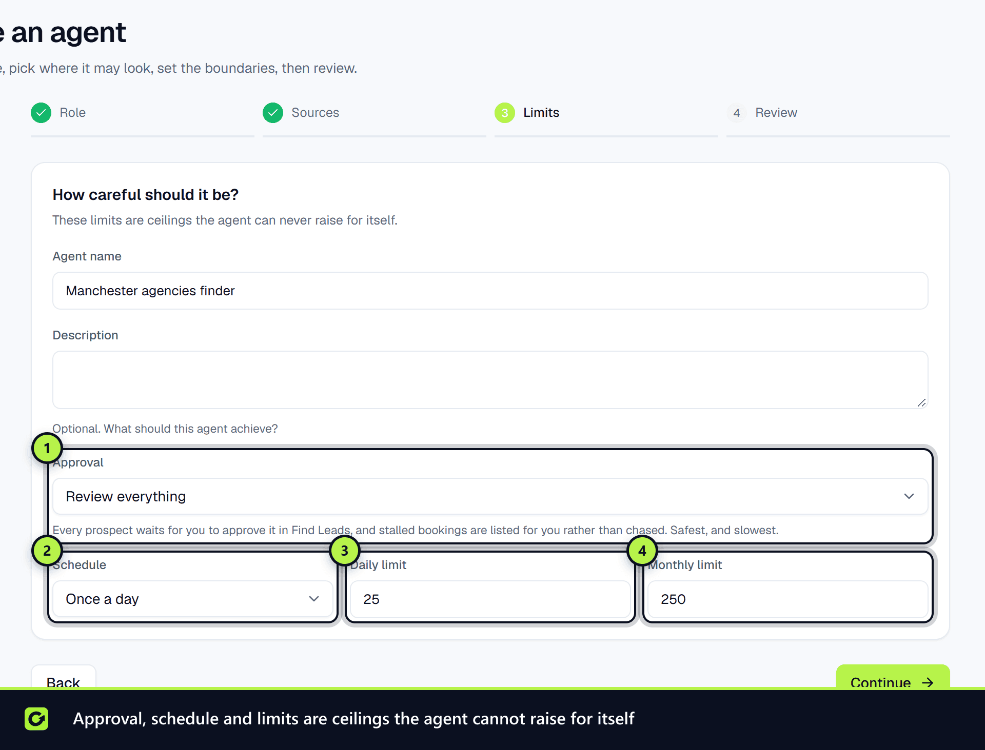 The Limits step with Approval, Schedule, Daily limit and Monthly limit