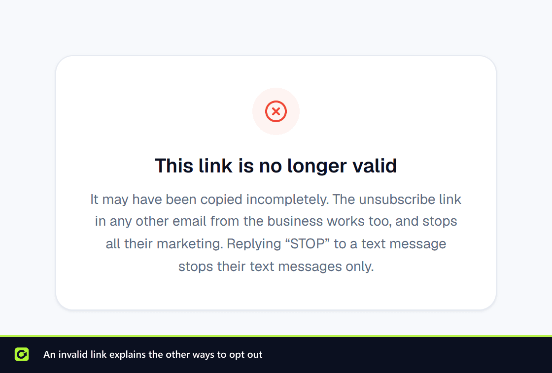 The unsubscribe page for an invalid link explaining the other ways to opt out
