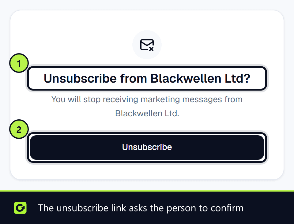 The public unsubscribe page asking the person to confirm unsubscribing from Blackwellen Ltd