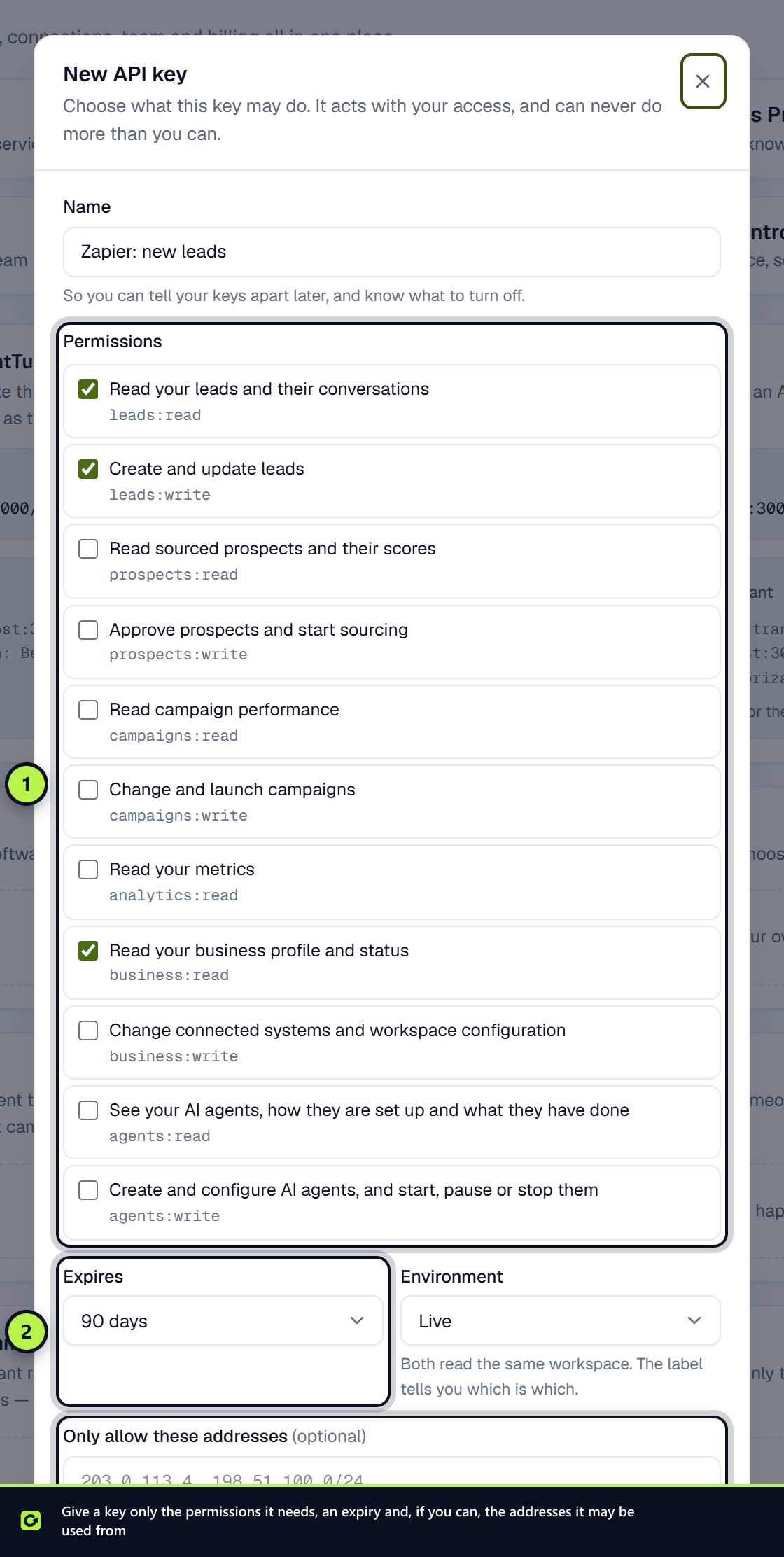 The New API key dialog with the permissions list, the expiry and the allowed addresses field