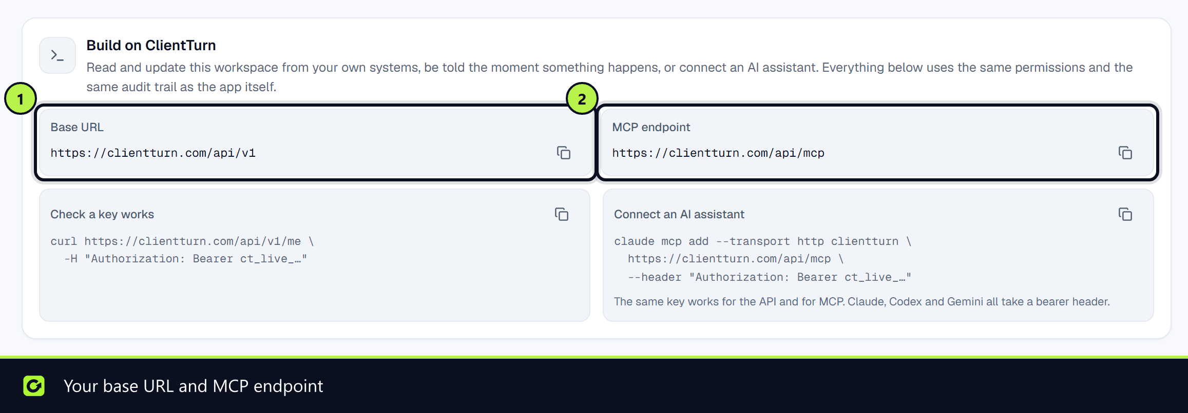 The Build on ClientTurn panel showing the API base URL, the MCP endpoint and example requests