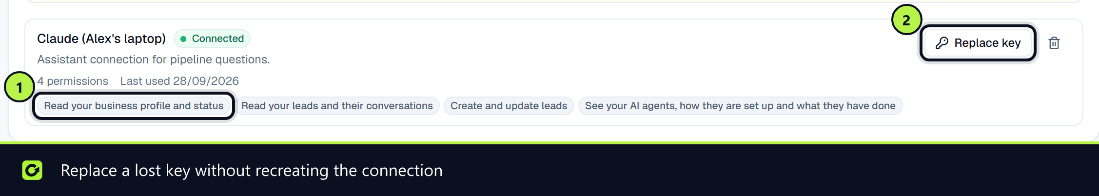 An assistant connection row with its permissions and the Replace key button