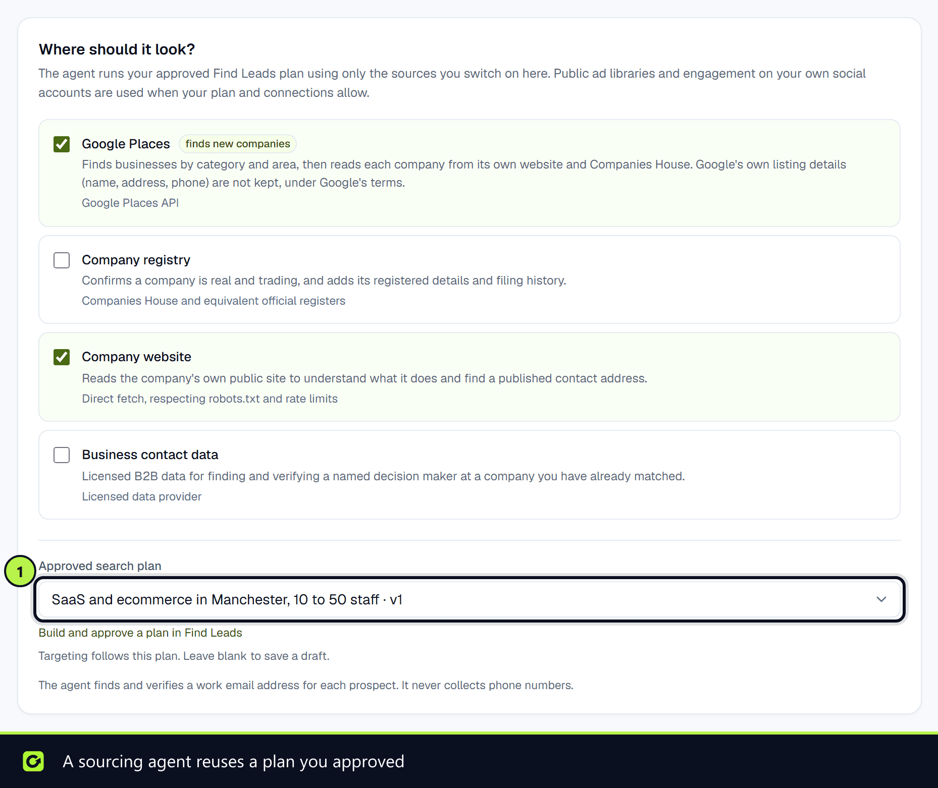 Step 2 of creating an agent, with the sources to use and the approved Manchester search plan selected