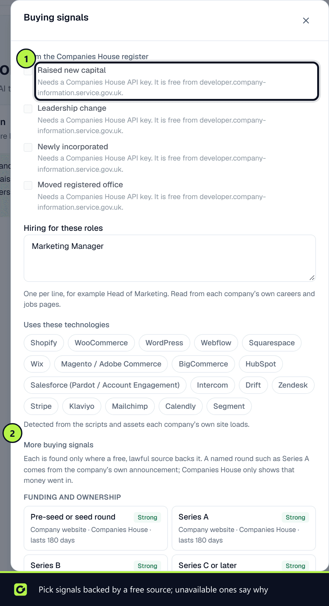 The Buying signals editor with the Companies House signals greyed out because no Companies House key is set, and the More buying signals catalogue