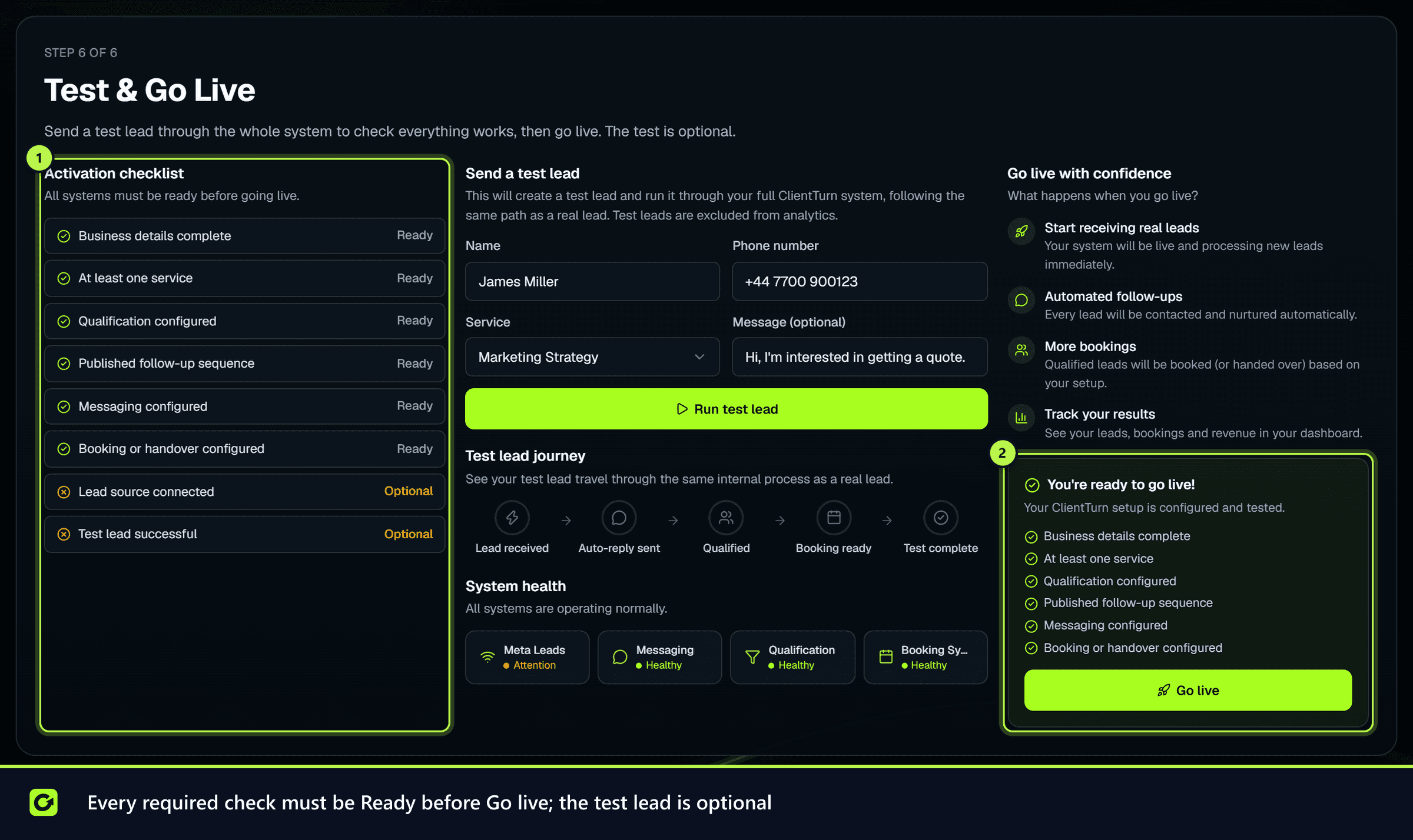The Test and Go Live step with the activation checklist and the ready-to-go-live panel