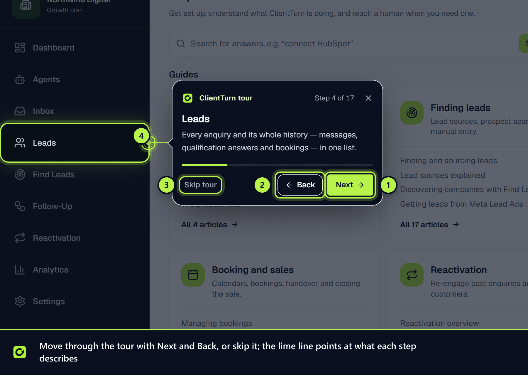 A tour caption on the Leads step with Next, Back and Skip tour, joined to the highlighted sidebar item by a lime line