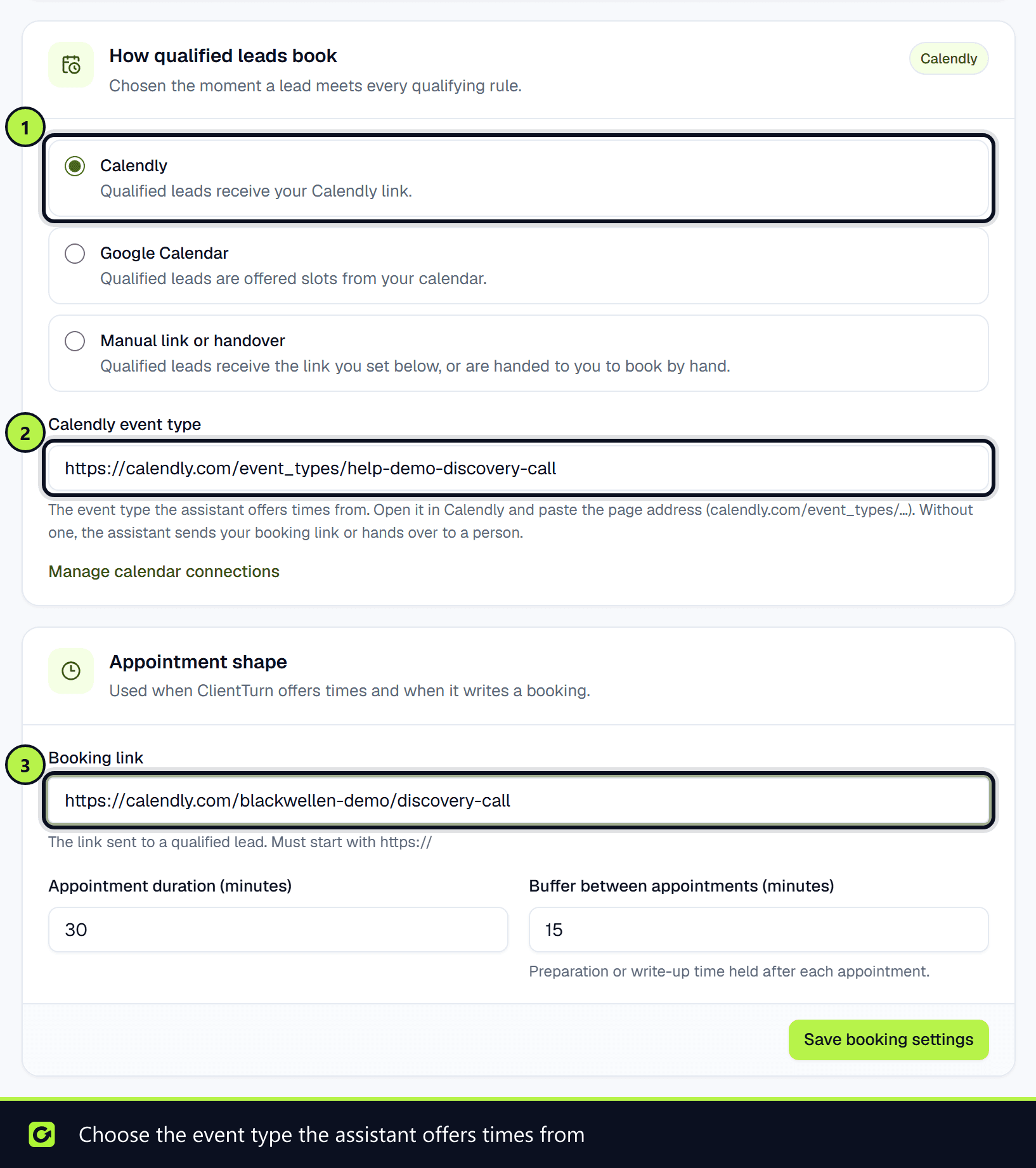 How qualified leads book with Calendly selected, the Calendly event type and the booking link