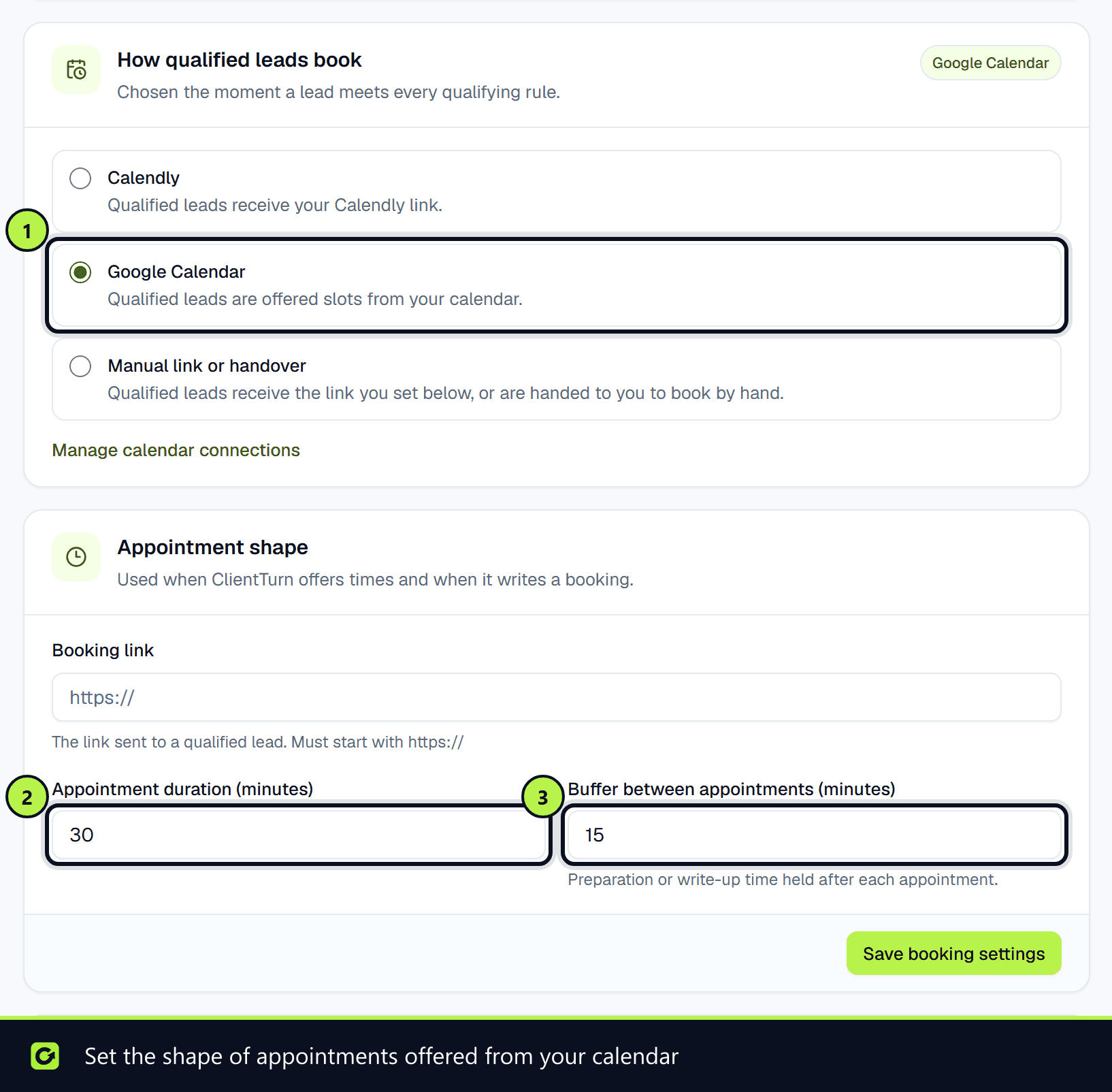 How qualified leads book with Google Calendar selected and the appointment duration and buffer fields