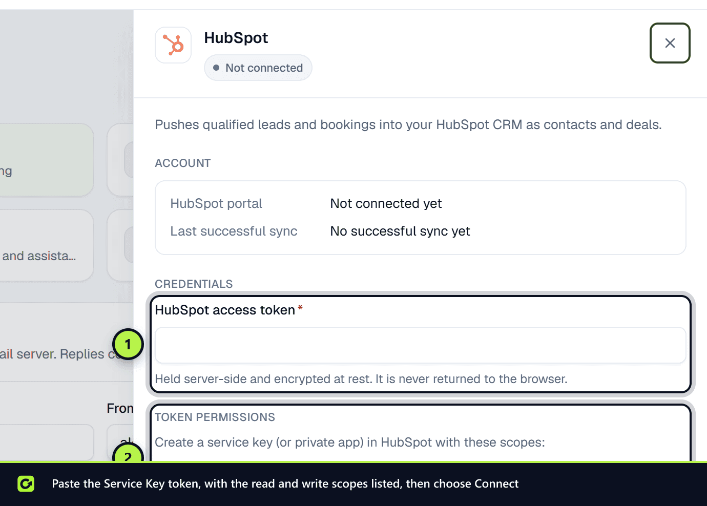 The HubSpot connect panel with the access token field and the token permissions list including the read scopes