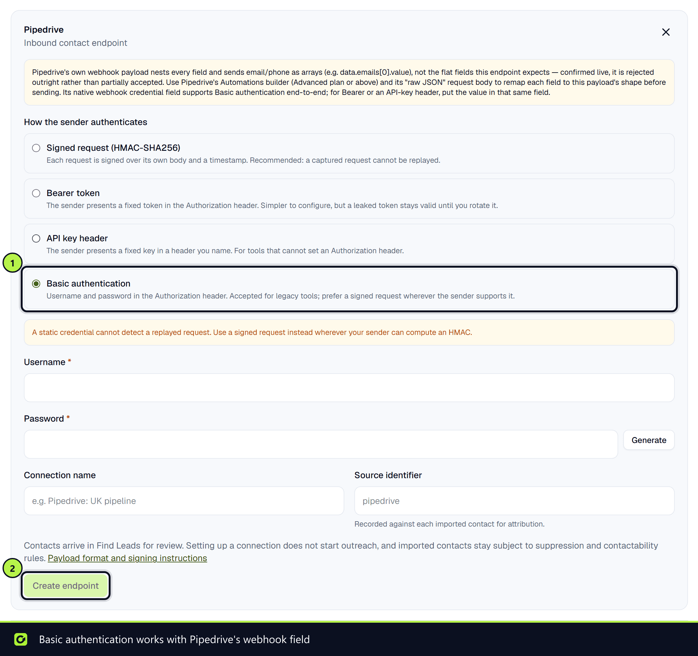 The Pipedrive inbound endpoint set-up with Basic authentication chosen and the Create endpoint button