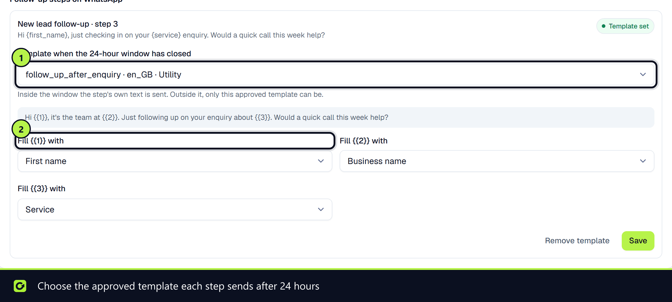 A WhatsApp follow-up step with its approved template chosen and each template variable mapped to a lead field