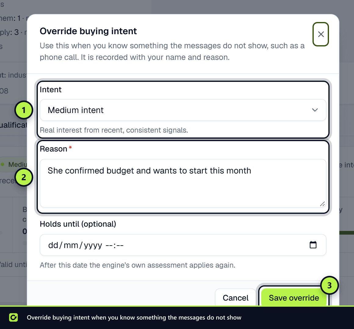 The Override buying intent dialog with the intent select and reason field