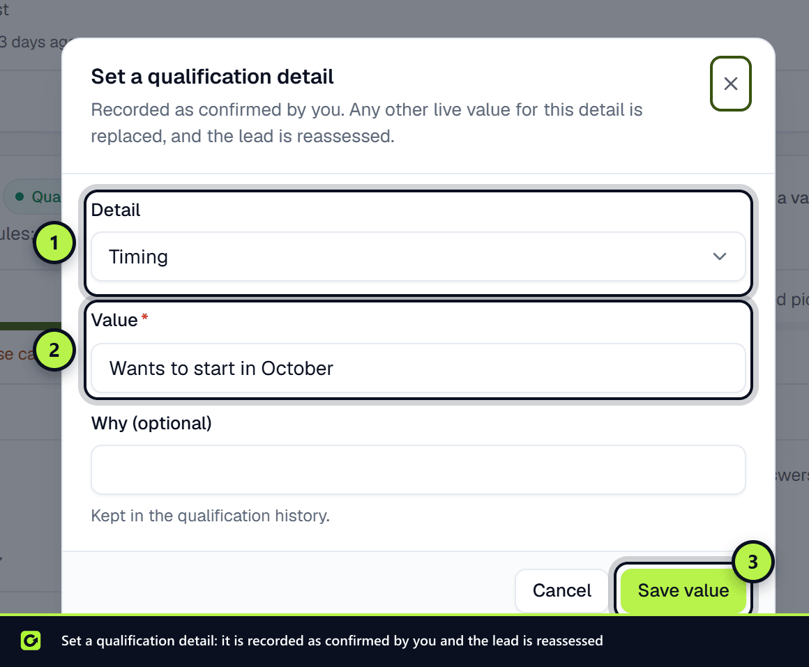 The Set a qualification detail dialog with the detail select and value field
