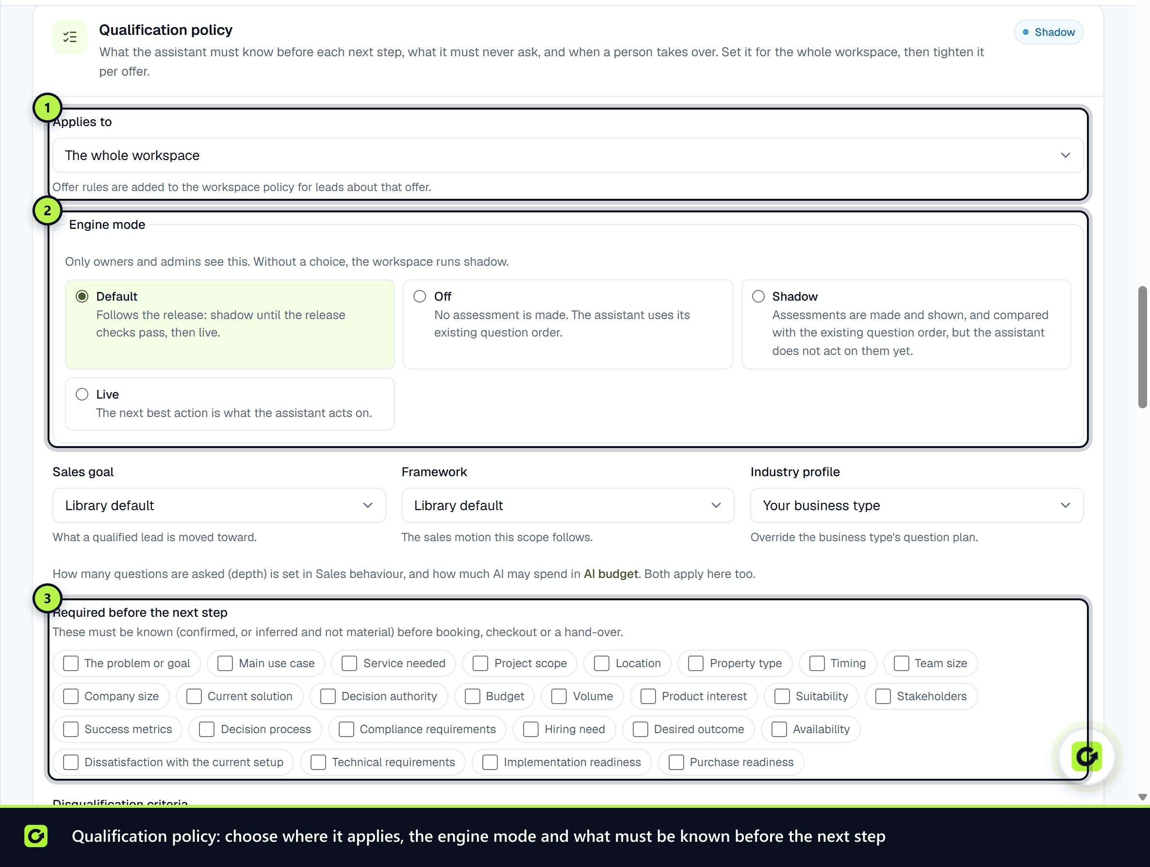 The Qualification policy card with Applies to, the engine mode choices and the details required before the next step