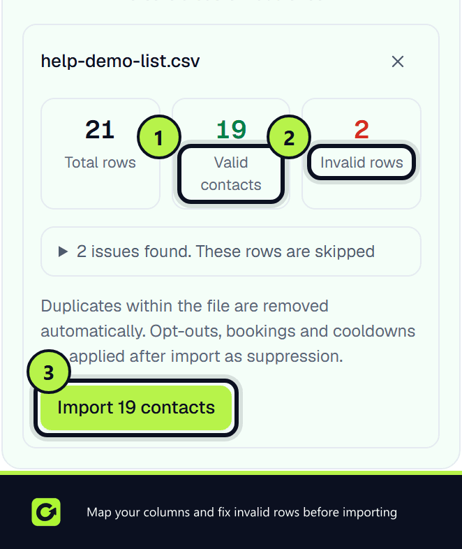 The reactivation CSV import after the columns were mapped and the file validated: total, valid and invalid rows, and the Import button (not pressed)