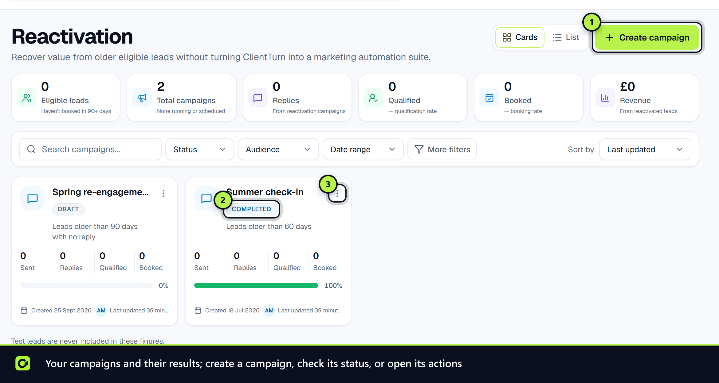The Reactivation page with Create campaign, a campaign status and a campaign's actions menu marked