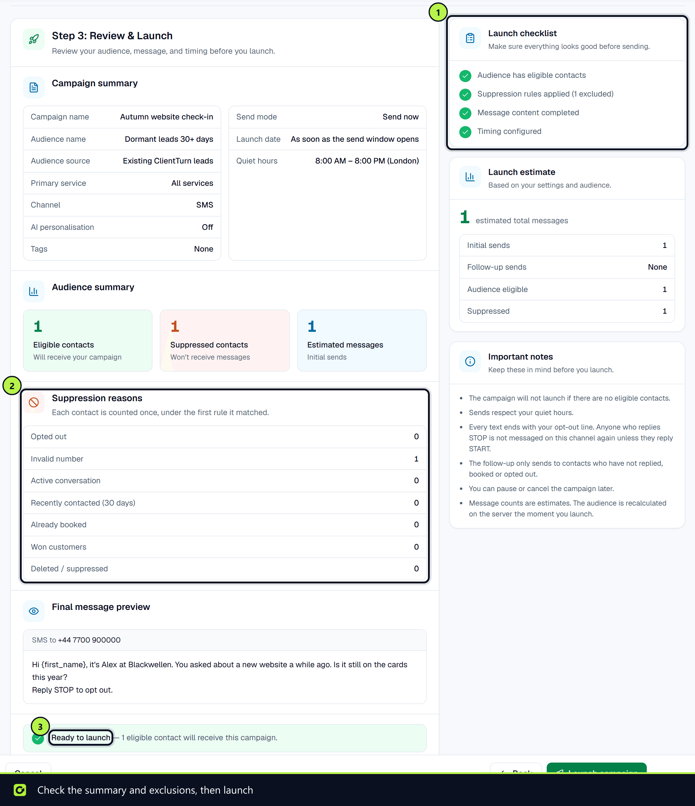 The Review and Launch step of a reactivation campaign with the launch checklist, the suppression reasons and the ready-to-launch summary (the campaign was not launched)