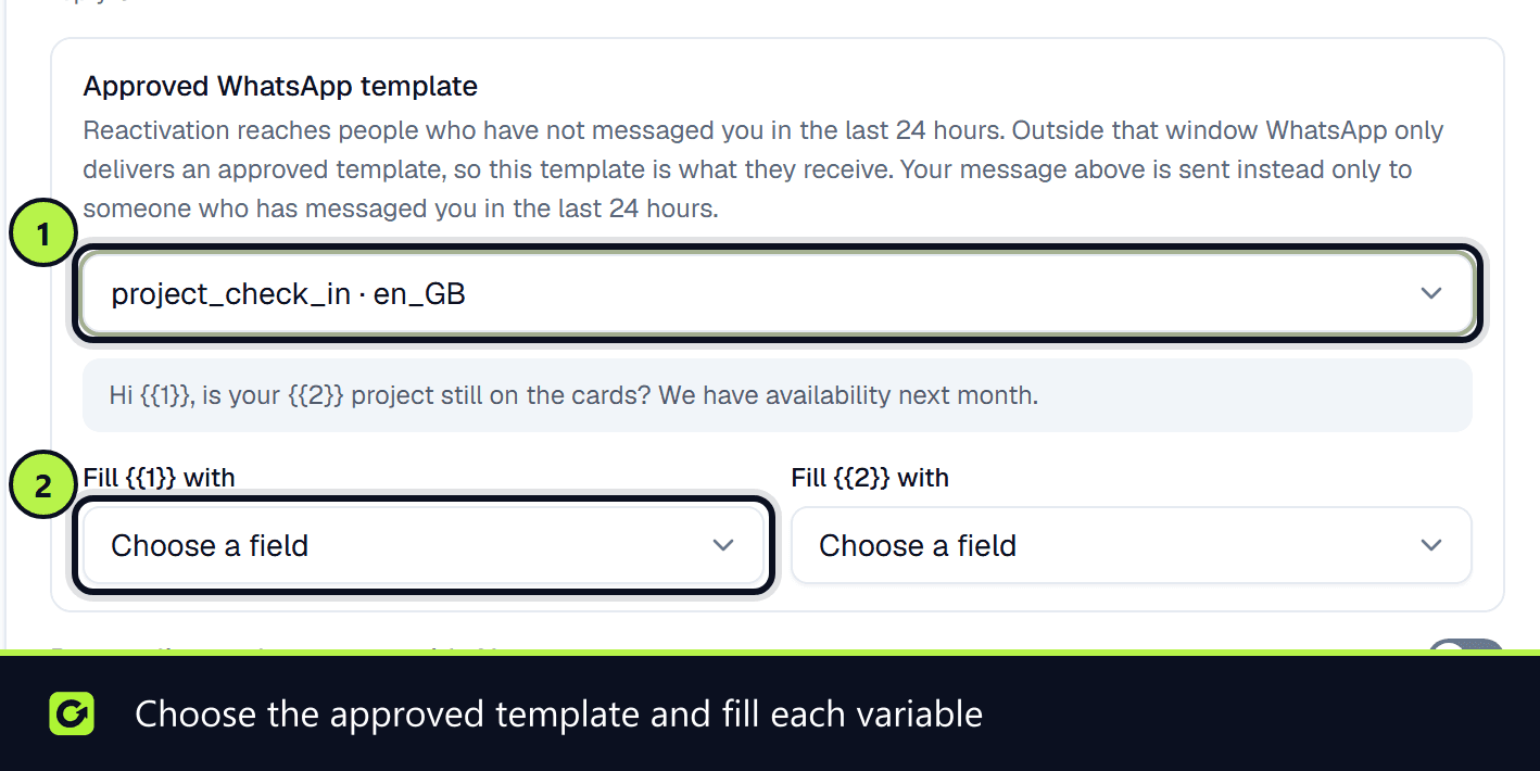 The Message and Timing step for a WhatsApp reactivation campaign with the approved WhatsApp template select and its variables