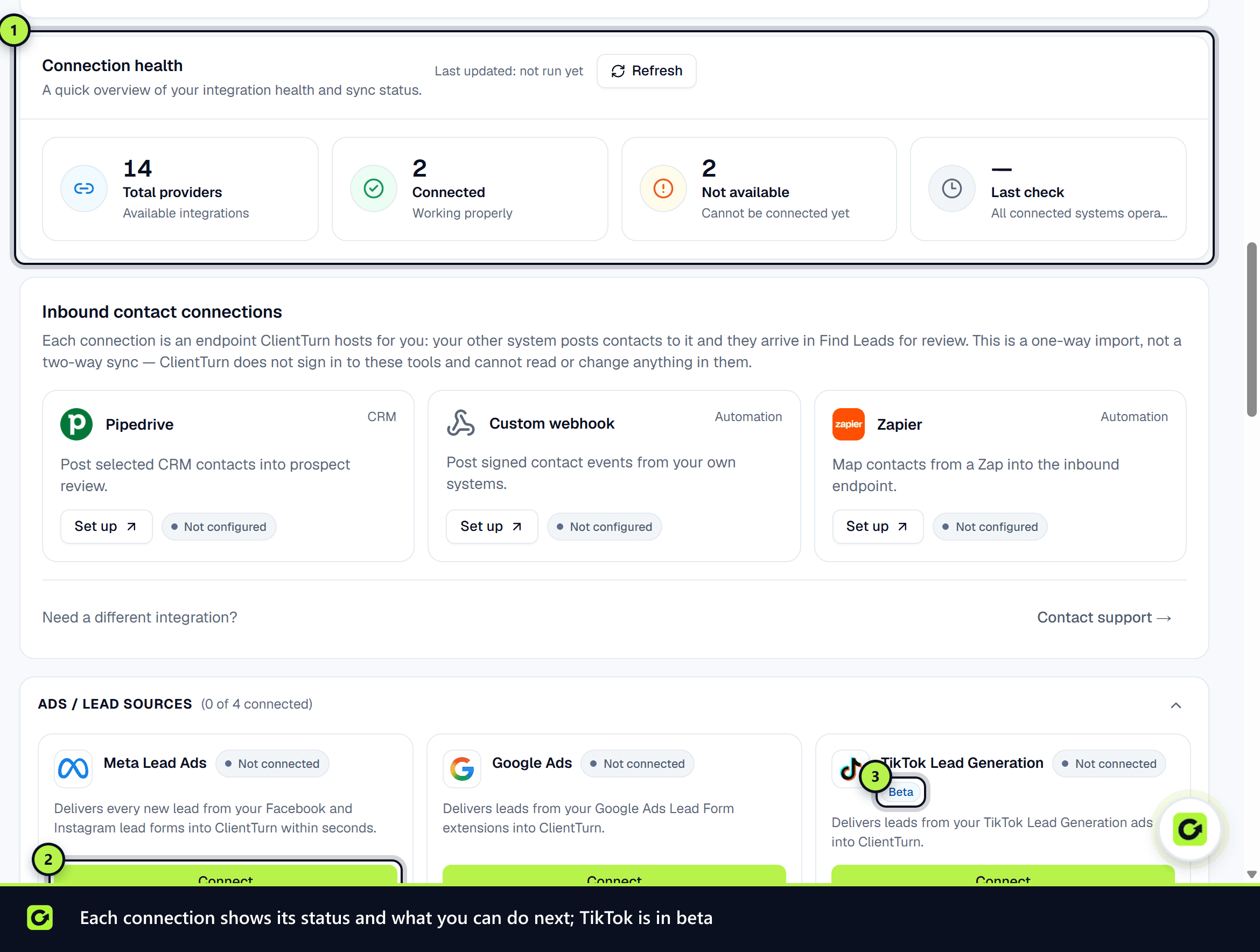 Connection health totals, the ads and lead sources group with a Connect button and the TikTok Beta badge