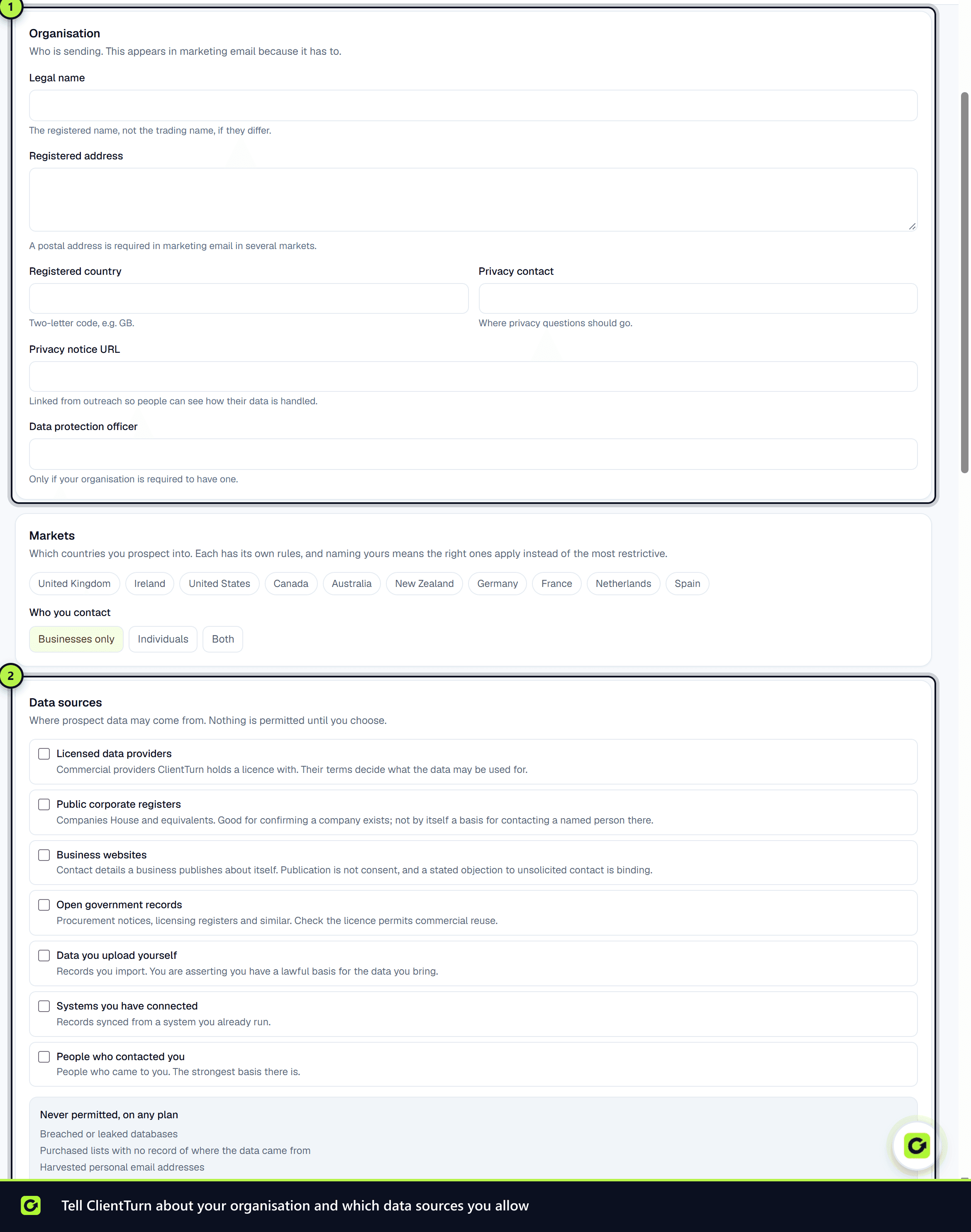 The Data Controls form with the Organisation and Data sources cards