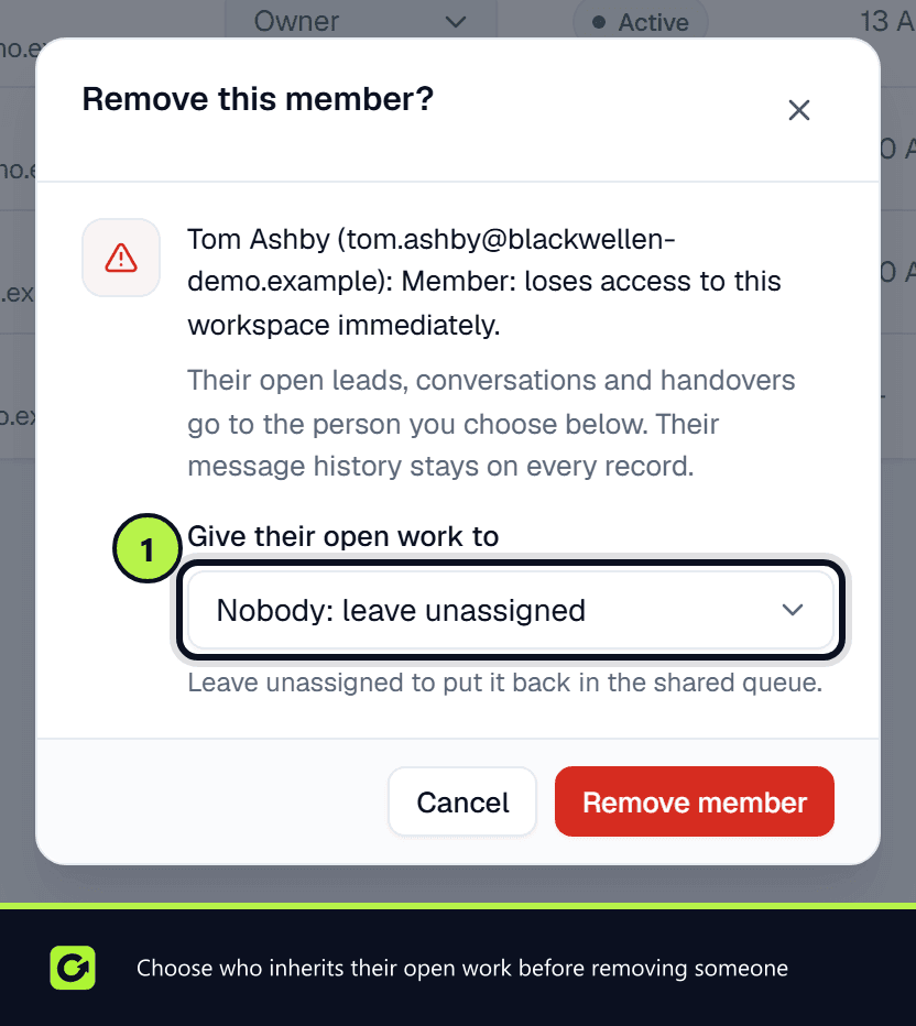 The Remove member dialog for Tom Ashby with the Give their open work to select