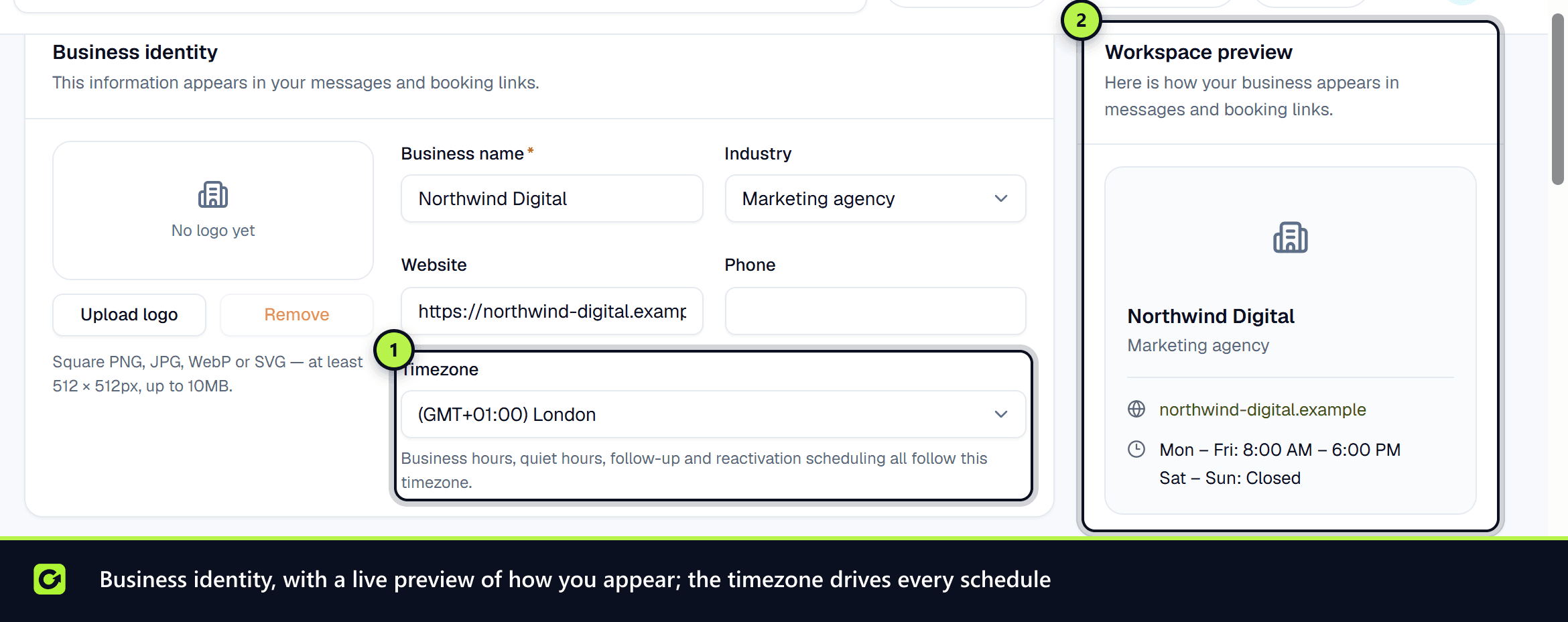 Business identity with the timezone field and the workspace preview