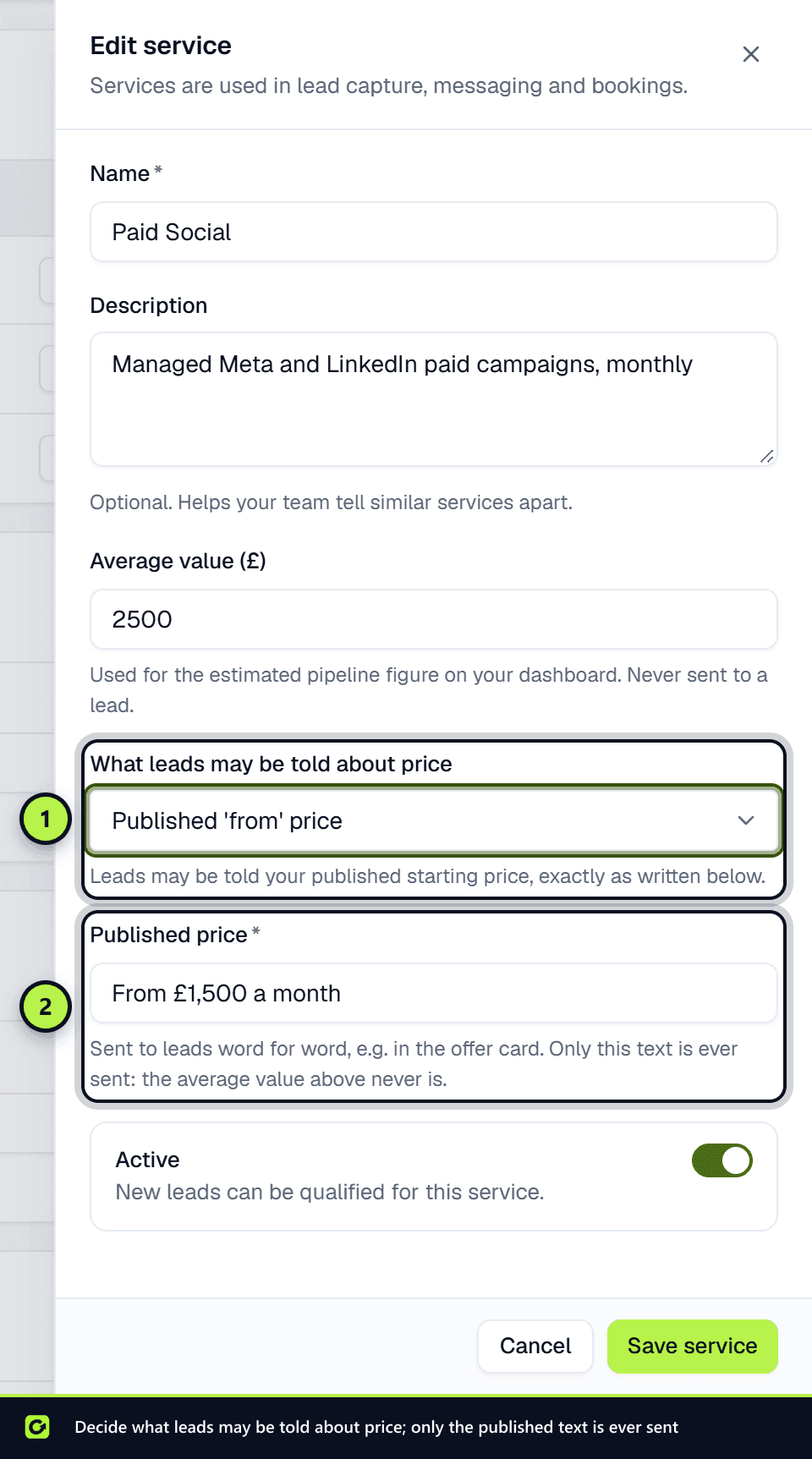 The Edit service panel with what leads may be told about price and the published price