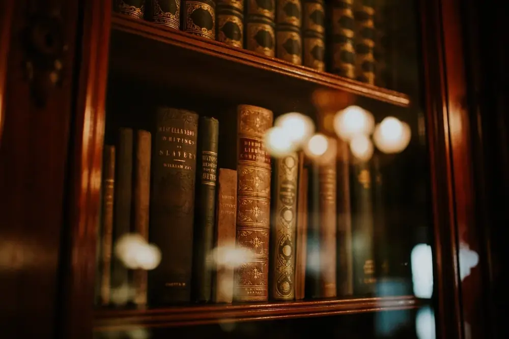 Rows of bound legal volumes on a wooden bookcase.