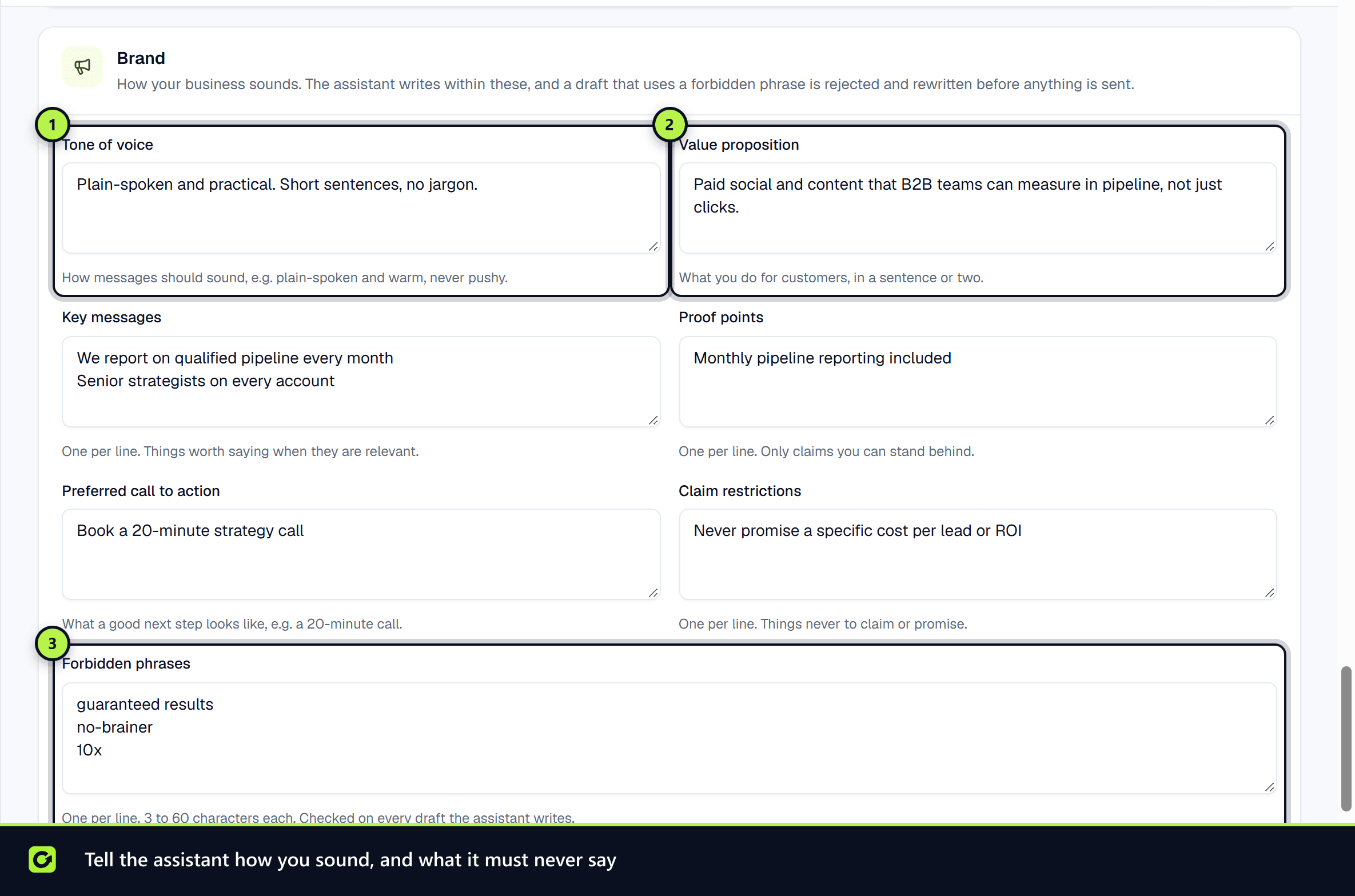 The Brand card with tone of voice, value proposition and forbidden phrases filled in