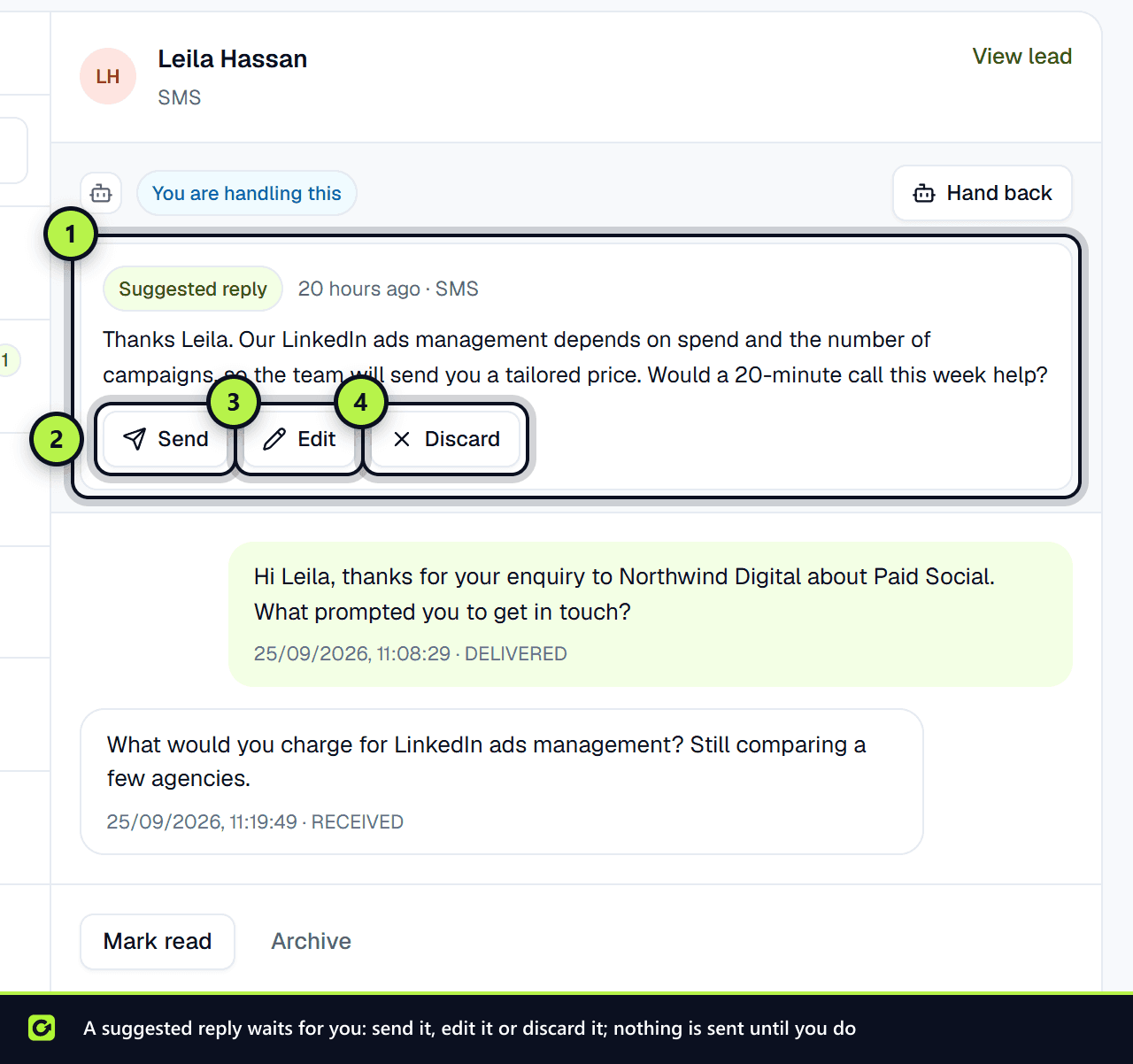 A suggested reply in the inbox with Send, Edit and Discard