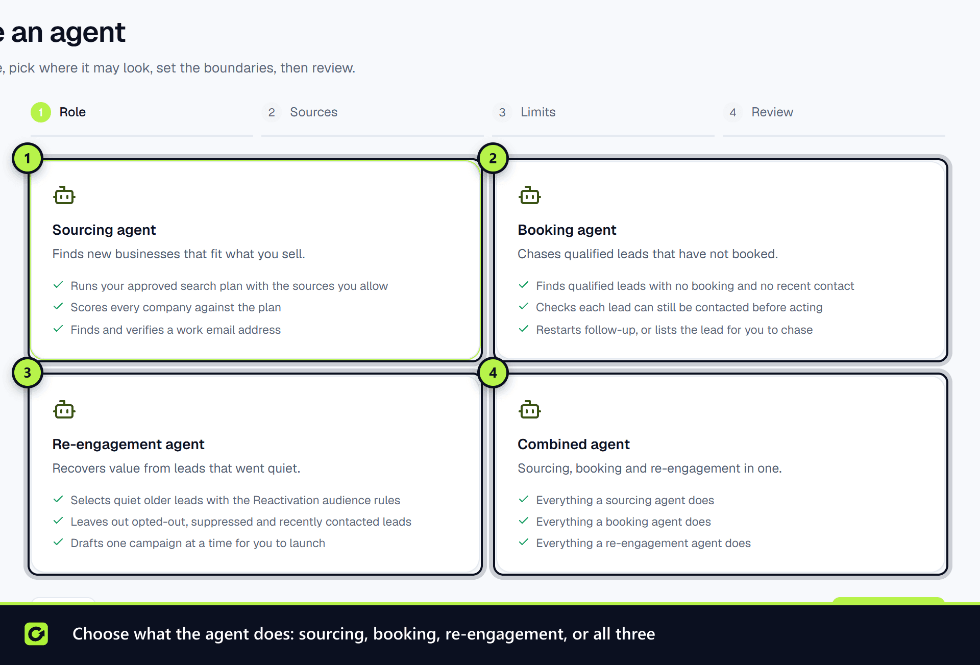 Step 1 of creating an agent with the four agent type cards
