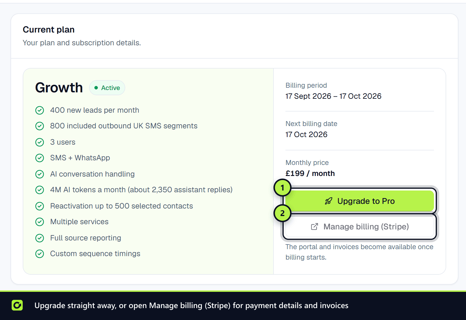 The Current plan card with Upgrade to Pro and Manage billing (Stripe)