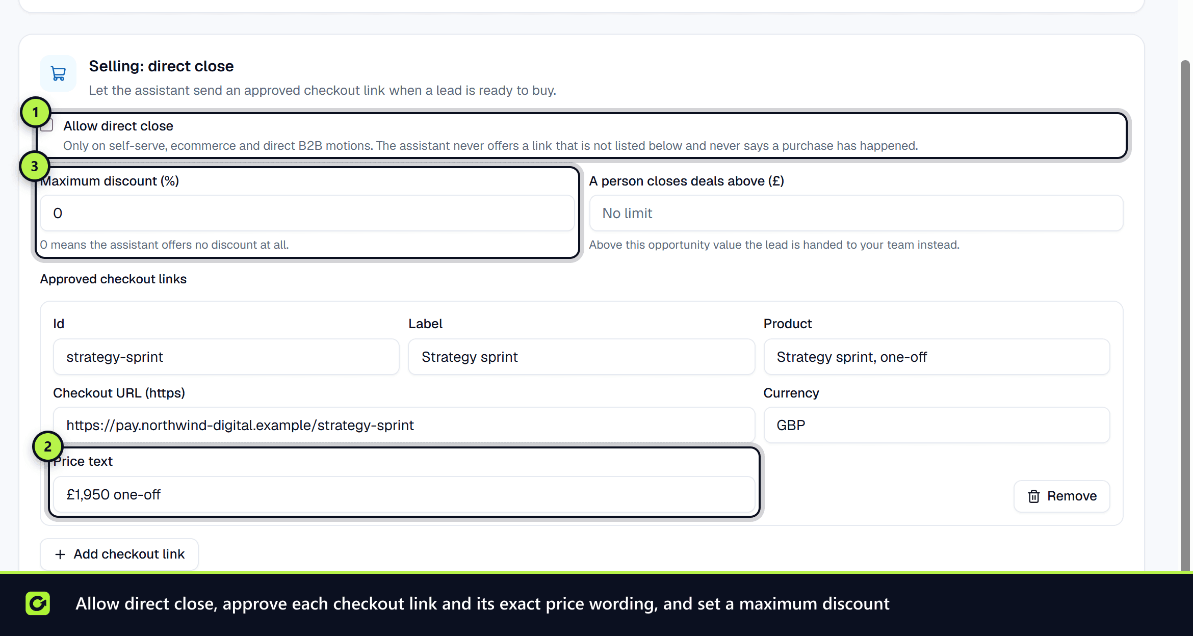 The Selling direct close card with Allow direct close, maximum discount and an approved checkout link