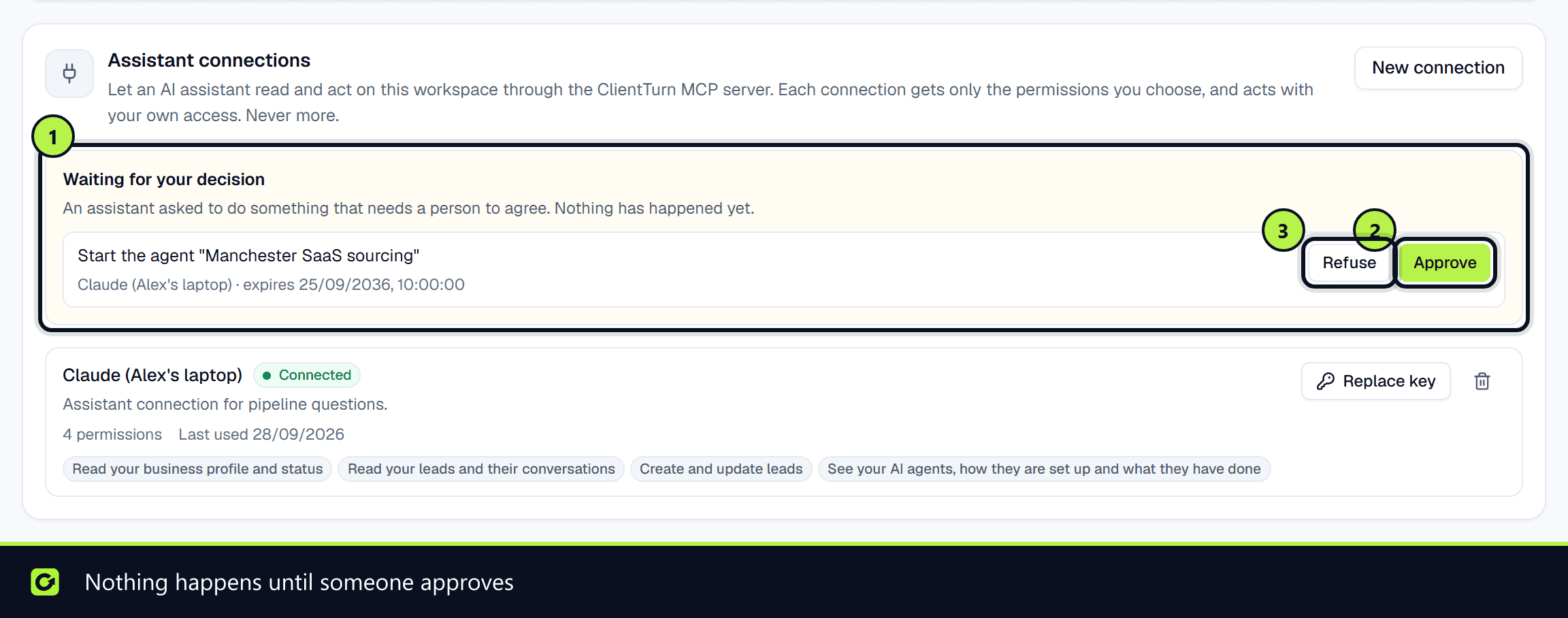 Assistant connections with a request to start an agent waiting for a decision, and Approve and Refuse buttons