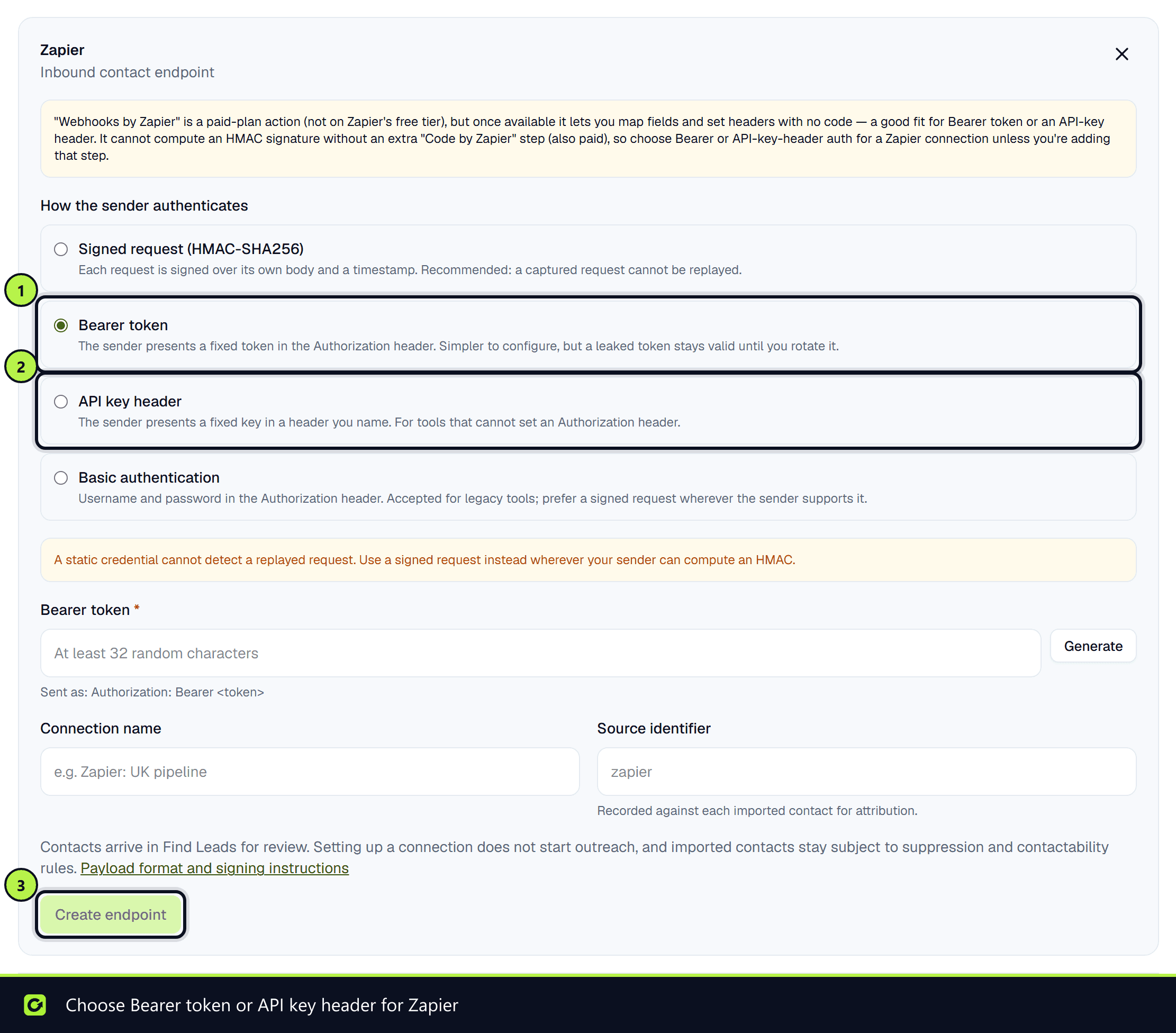 The Zapier inbound endpoint set-up with Bearer token chosen as the authentication method and the Create endpoint button
