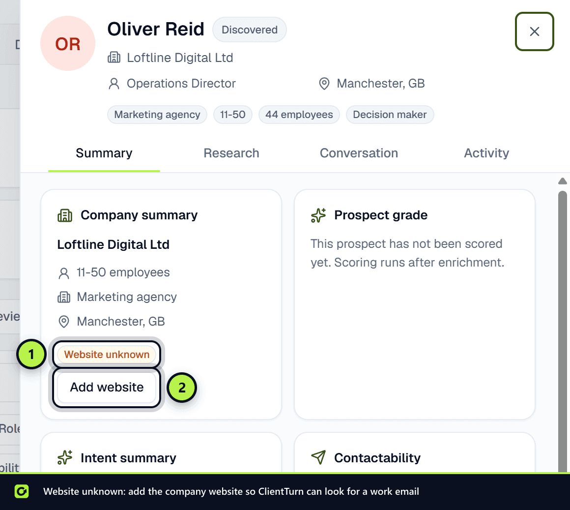 A prospect drawer whose company shows Website unknown with an Add website button