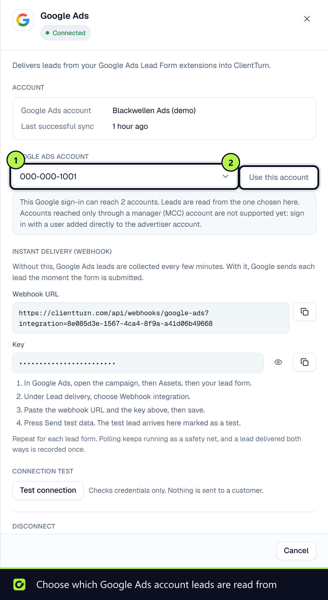 The Google Ads panel with the Google Ads account select listing two accounts and the Use this account button