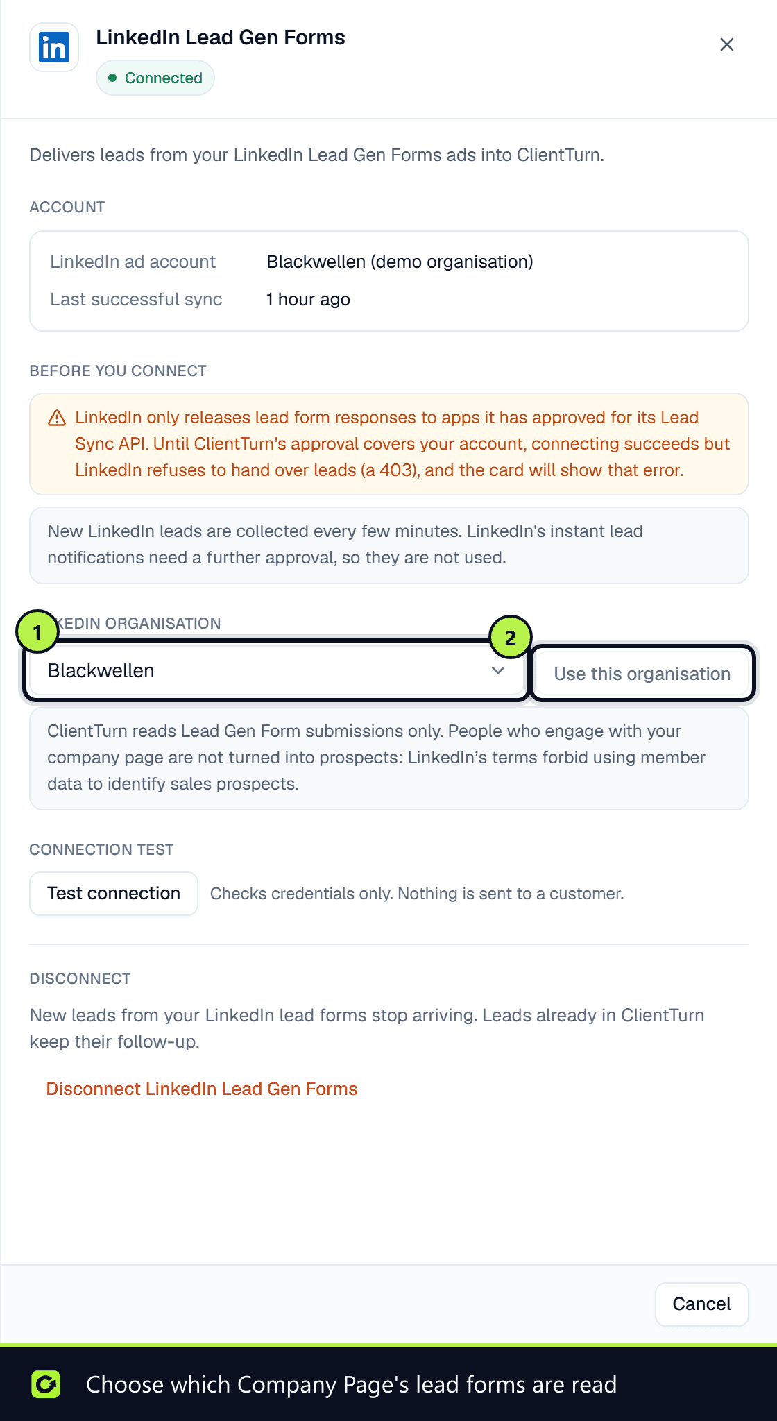 The LinkedIn panel with the LinkedIn organisation select and the Use this organisation button