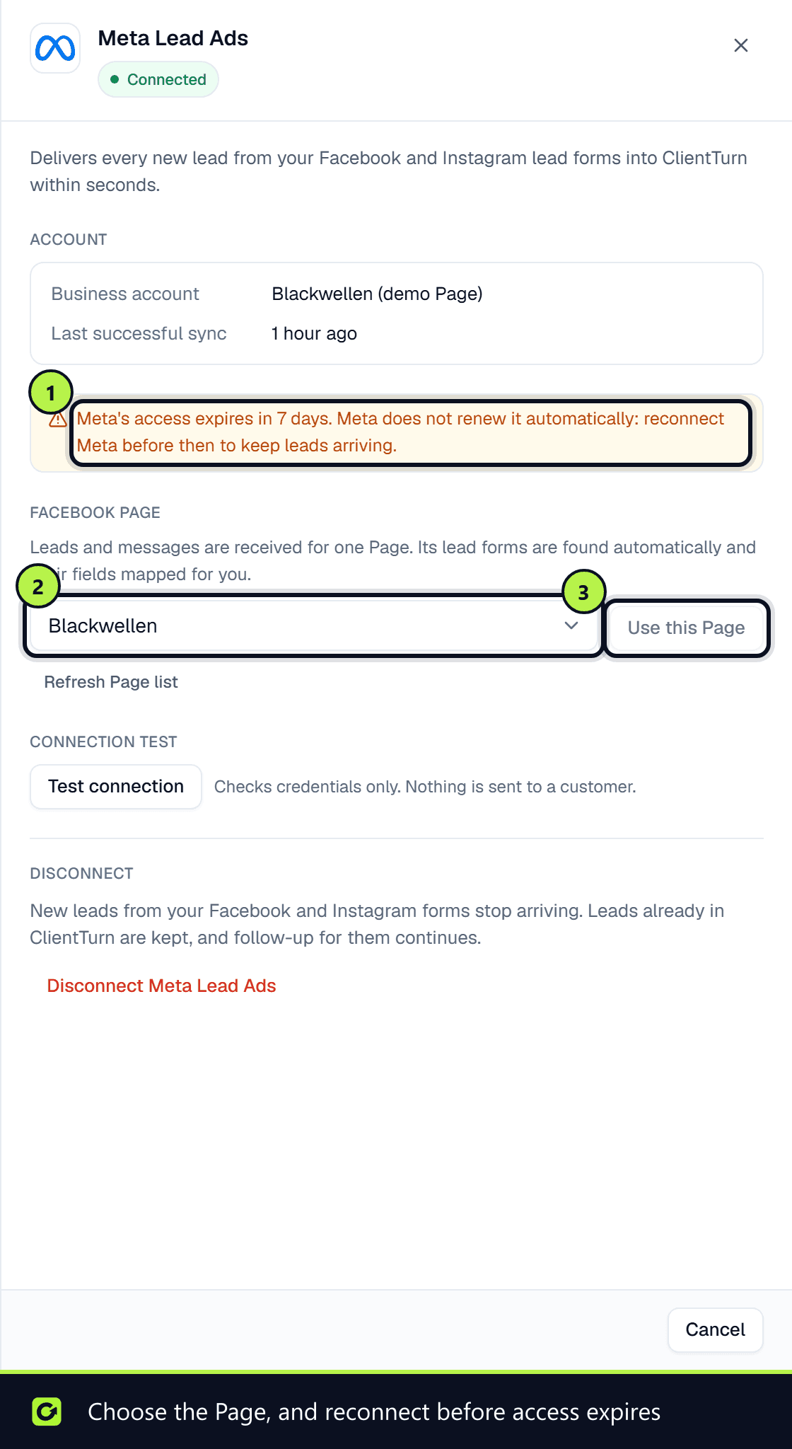 The Meta panel with the access expiry warning, the Facebook Page select and the Use this Page button