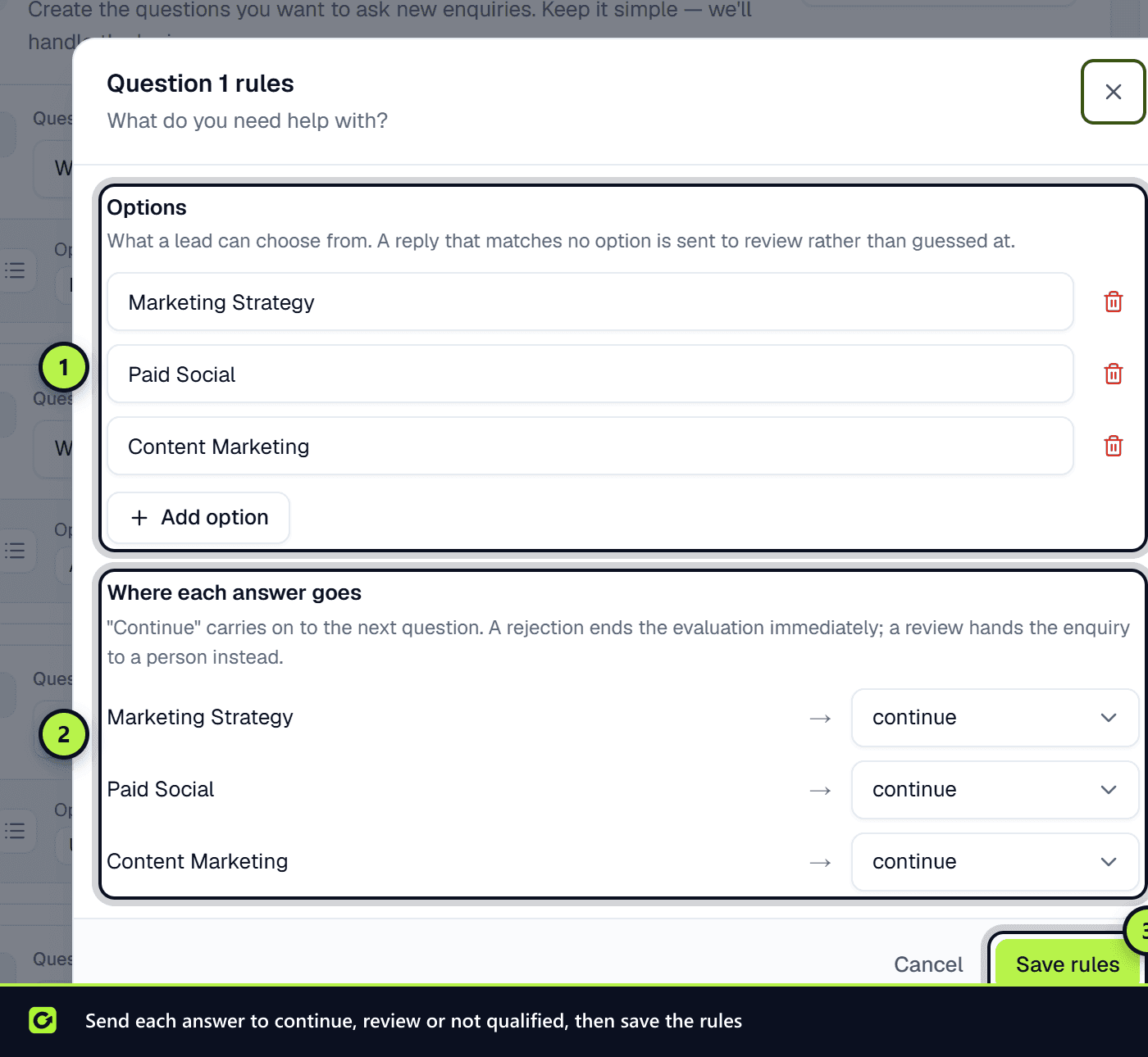 The question rules dialog with the answer options and where each answer goes